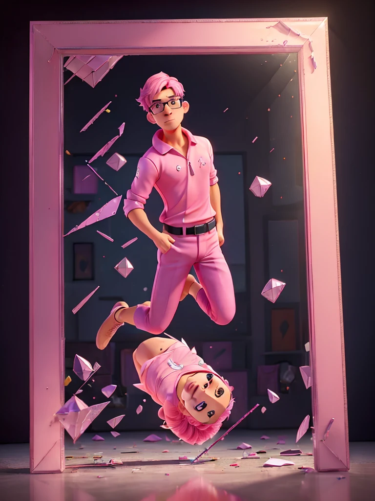 (male: 1.4) Jump fly, Breaking Glass, crowd, Glare, pink々Became, Libra, Frame Center, Delicate painting, The finer details, High resolution, 8K, Award-winning photography