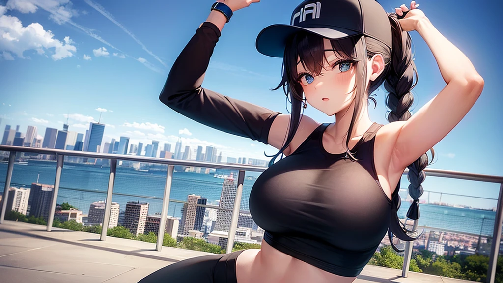 A young woman in active summer wear. She is wearing a fitted athletic top, capri leggings, and a baseball cap. She has her hair in a braid and is stretching near a city park with a skyline view in the background. The scene is dynamic and energetic.