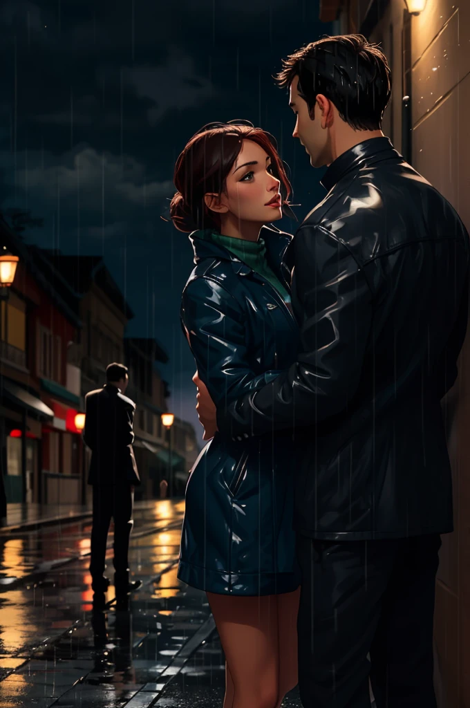 A woman talking to a man in the rain 