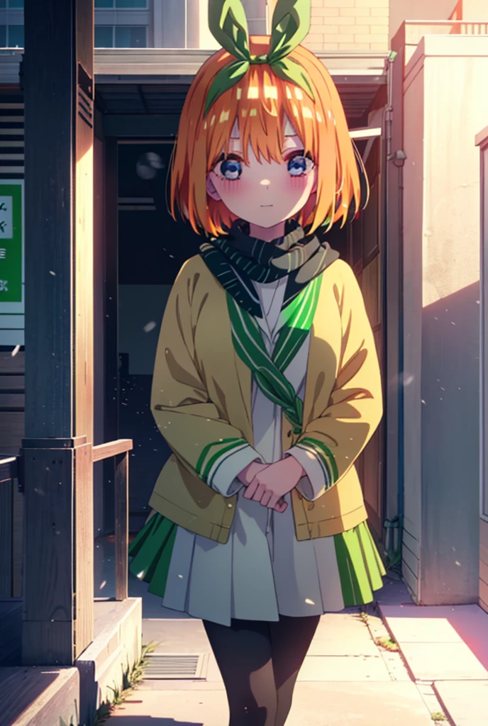 Yotsubanakano, Yotsuba Nakano, bangs, short hair, blue eyes, Hair between the eyes, hair ribbon, hair band, Orange Hair, (Green ribbon:1.5), smile, Hair between the eyes,blush, Open your mouth,White Breath,scarf,Green neck long coat,V-neck sweater,Long skirt,Black Pantyhose,short boots,Standing leaning against a wall,Snow is piling up,that&#39;it&#39;s snowing,whole bodyがイラスト入るように,Hiding in a roofed building,
break outdoors, construction area,
break looking at viewer, whole body,
break (masterpiece:1.2), Highest quality, High resolution, unity 8k wallpaper, (shape:0.8), (Beautiful attention to detail:1.6), Highly detailed face, Perfect lighting, Extremely detailed CG, (Perfect hands, Perfect Anatomy),
