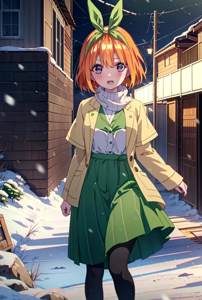 Yotsubanakano, Yotsuba Nakano, bangs, short hair, blue eyes, Hair between the eyes, hair ribbon, hair band, Orange Hair, (Green ribbon:1.5), smile, Hair between the eyes,blush, Open your mouth,White Breath,scarf,Green neck long coat,V-neck sweater,Long skirt,Black Pantyhose,short boots,Standing leaning against a wall,Snow is piling up,that'it's snowing,whole bodyがイラスト入るように,Hiding in a roofed building,
break outdoors, construction area,
break looking at viewer, whole body,
break (masterpiece:1.2), Highest quality, High resolution, unity 8k wallpaper, (shape:0.8), (Beautiful attention to detail:1.6), Highly detailed face, Perfect lighting, Extremely detailed CG, (Perfect hands, Perfect Anatomy),