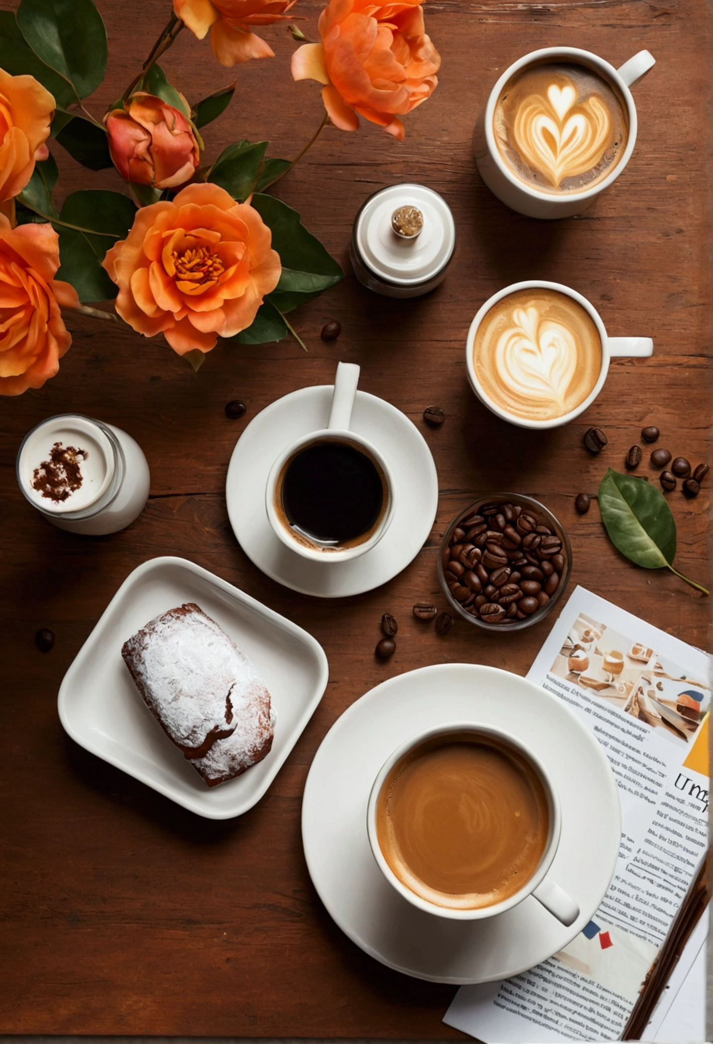 create an image of a table full of freebies and a cup of coffee