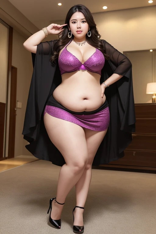 130kg, morbidly obese woman, abdominal obesity, fat belly, large belly, protruding belly, big belly, convex belly, abdominal exposure, exposed navel, mini skirt, high heel, earring, necklace, bracelet, Outer eyelid