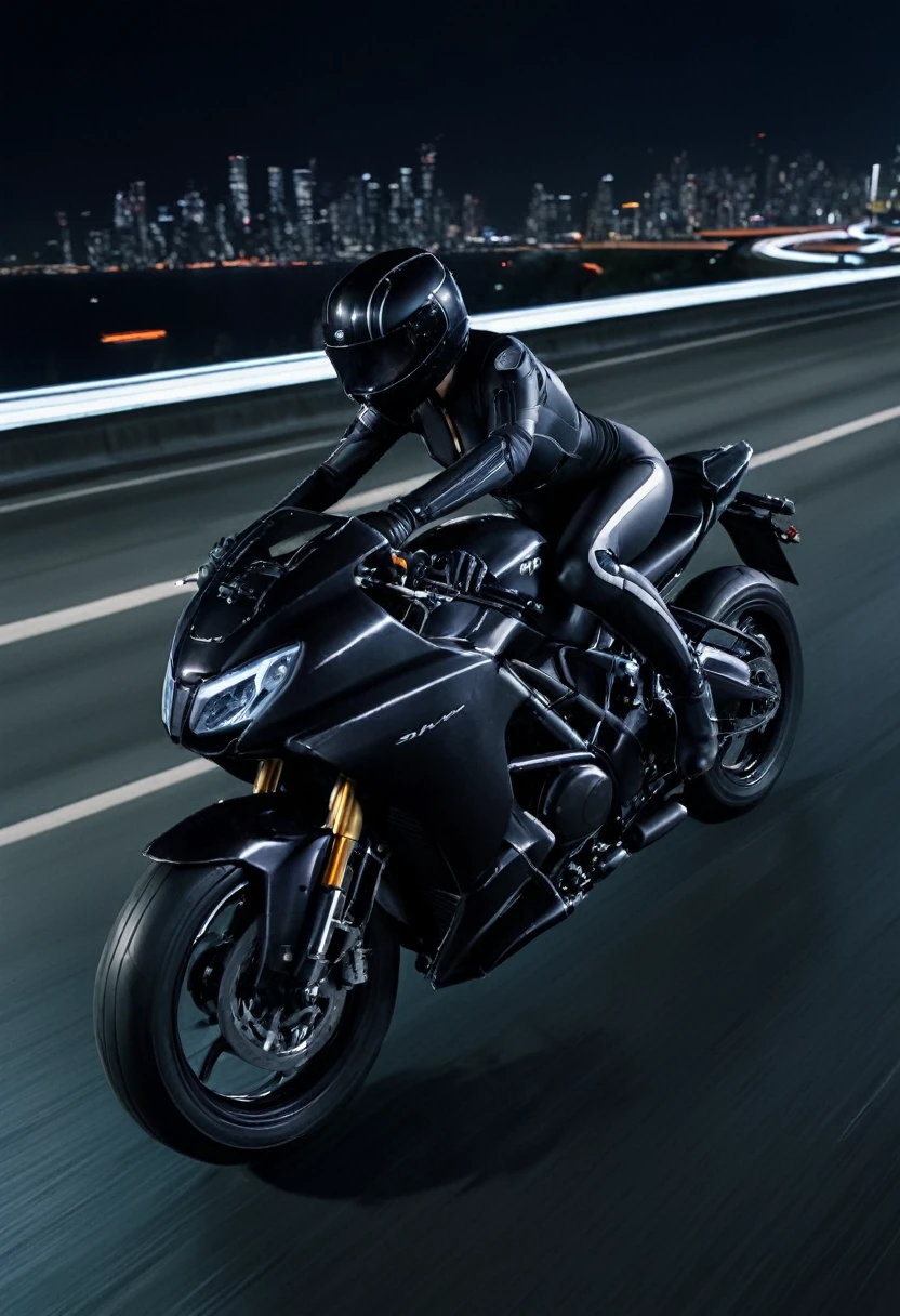 jessica alba wearing a skin tight ghost in the shell body suit riding an akira motorcycle, perspective, from the side, from above, vanishing point, racing down a motorway at night, crouched in a moto racing position, dynamic background, night city, black leather, dark high contrast background