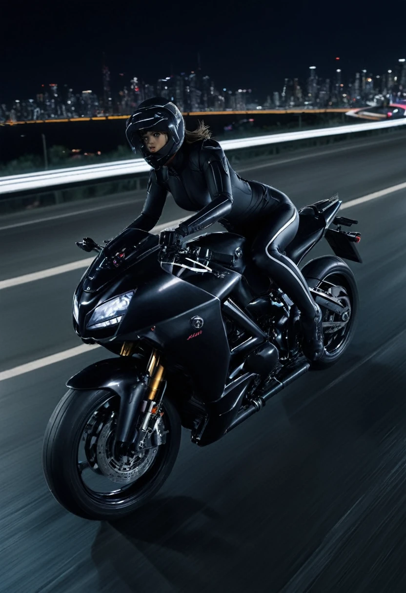 jessica alba wearing a skin tight ghost in the shell body suit riding an akira motorcycle, perspective, from the side, from above, vanishing point, racing down a motorway at night, crouched in a moto racing position, dynamic background, night city, black leather, dark high contrast background