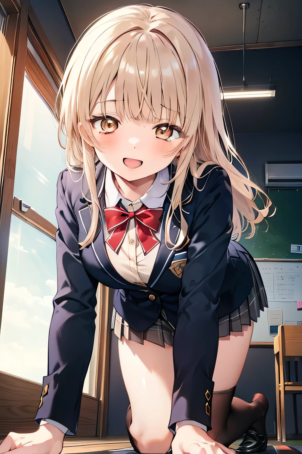 1girl ,((Shiina Mahiru,mahiru shiina)), (Long Hair,Straight Hair,bangs),happy smile, smile, Open your mouth,((nsfw,full,blazer,Black knee-highs)),Real Summer,Daytime,sunny,My hair is blowing in the wind,whole bodyがイラストに入るように,Slender body,
break indoors, School,机の上
break looking at viewer,Beautiful breasts,Large Breasts,whole body,((On all fours,Angle from below))
break (masterpiece:1.2), Highest quality, High resolution, unity 8k wallpaper, (shape:0.8), (Beautiful details:1.6), Highly detailed face, Perfect lighting, Extremely detailed CG, (Perfect hands, Perfect Anatomy),
