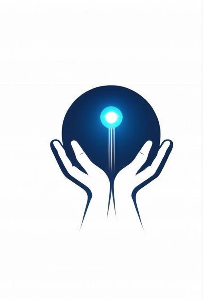 Service company logo Deep blue circle shaped logo Two palms held out、
people々In the palm of your hand,、A logo with a ball of light that represents the future. Chic and modern design. Pretty cool. The background is white.