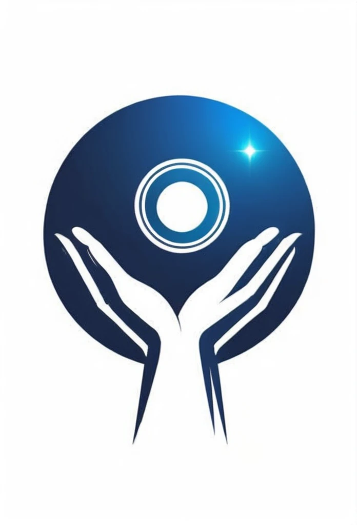 Service company logo Deep blue circle shaped logo Two palms held out、
people々In the palm of your hand,、A logo with a ball of light that represents the future. Chic and modern design. Pretty cool. The background is white.