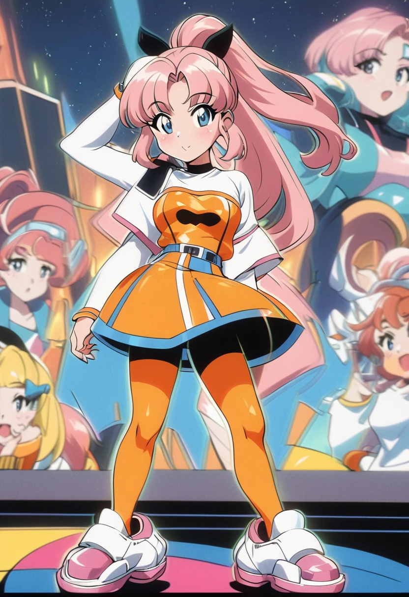 1990s \(style\), One Girl, Pink Hair, Long Hair, View your audience, ponytail, retro artstyle, Orange eyeaid clothes,Show the whole body,