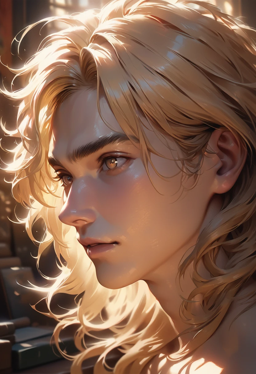 (masterpiece, best quality), (very detailed CG unity 8k wallpaper), (best illustration), (best shadows), super detailed, 1 boy, blonde messy hair, light brown eyes, (realistic hair, realistic eyes:1.2), (4k, 8k, highres, ultra-detailed:1.2), intricate details, cinematic lighting, dramatic lighting, natural lighting, warm color tones, vibrant colors, sharp focus, clean lines, dynamic composition