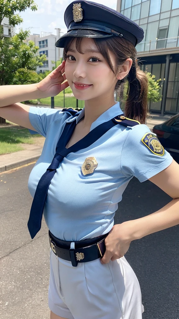 (((Perfect Anatomy, Very detailed肌))), 1 Girl, Japanese, Police Girl, Shiny skin, Large Breasts:1.5, avert your eyes, look up, Take in the view, 
Beautiful Hair, Beautiful Face, Beautiful attention to detail, (Long Hair:1.5, Side Ponytail:1.7), Blonde, bangs, Hair between the eyes, Red eyes, 
Beautiful clavicle, Beautiful body, Beautiful breasts, Beautiful thighs, Beautiful feet, Baby Face, 
((Female police officer uniform, Light blue short sleeve shirt, Navy tie, High leg bloomers), belt, Police hat, handcuffs), Captivating thighs, 
(((salute, smile))),
(Beautiful views), wasteland,
8K, Highest quality, Masterpiece​:1.2, Very detailed), (Realistic, photoRealistic:1.2), Beautiful illustrations, Cinema Lighting,