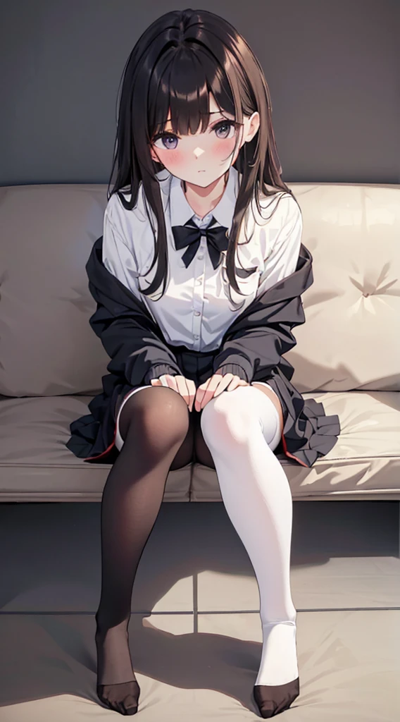 Top quality, masterpiece, High resolution, (Head to toe full body), front, frontやや下からの構図, Symmetric, Tall 18 year old girl, alone, (Head to toe), (Small breasts), bangs, (black tights), (Black Pantyhose), (Sit with your legs apart), (Crouching pose), (A composition showing white panties), (Her legs were spread、I see your white pants.), (I was made to sit on the floor with my legs spread..), (M-shaped legs), Thin legs, A very beautiful and tall 18 year old girl, (No shoes), blush, Shy big eyes, looking at the camera, Blazer Uniform, Checkered Pleated Skirt