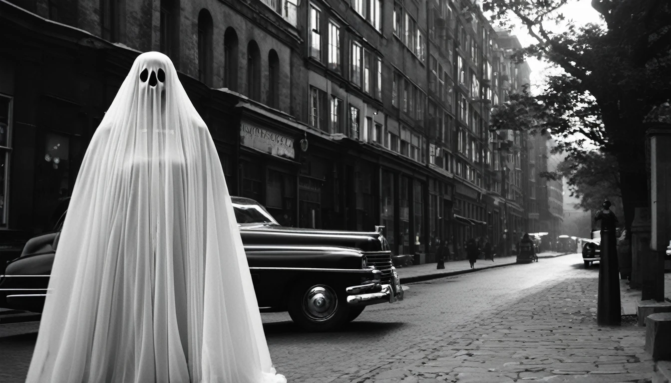 35mm vintage street photo of elegant gigantic female ghost
