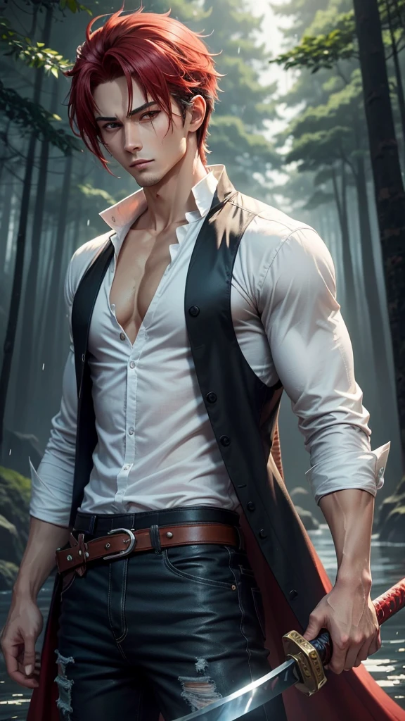 a dashing male anime character with a thin, handsome face, charismatic "shanks" in the "one pice" series wearing a white shirt, short black jeans, three scars on his left eye and holding a pirate katana, and a robe. black, red hair, short, with HD resolution, 4k anime with forest and water background, falling rain. wet.