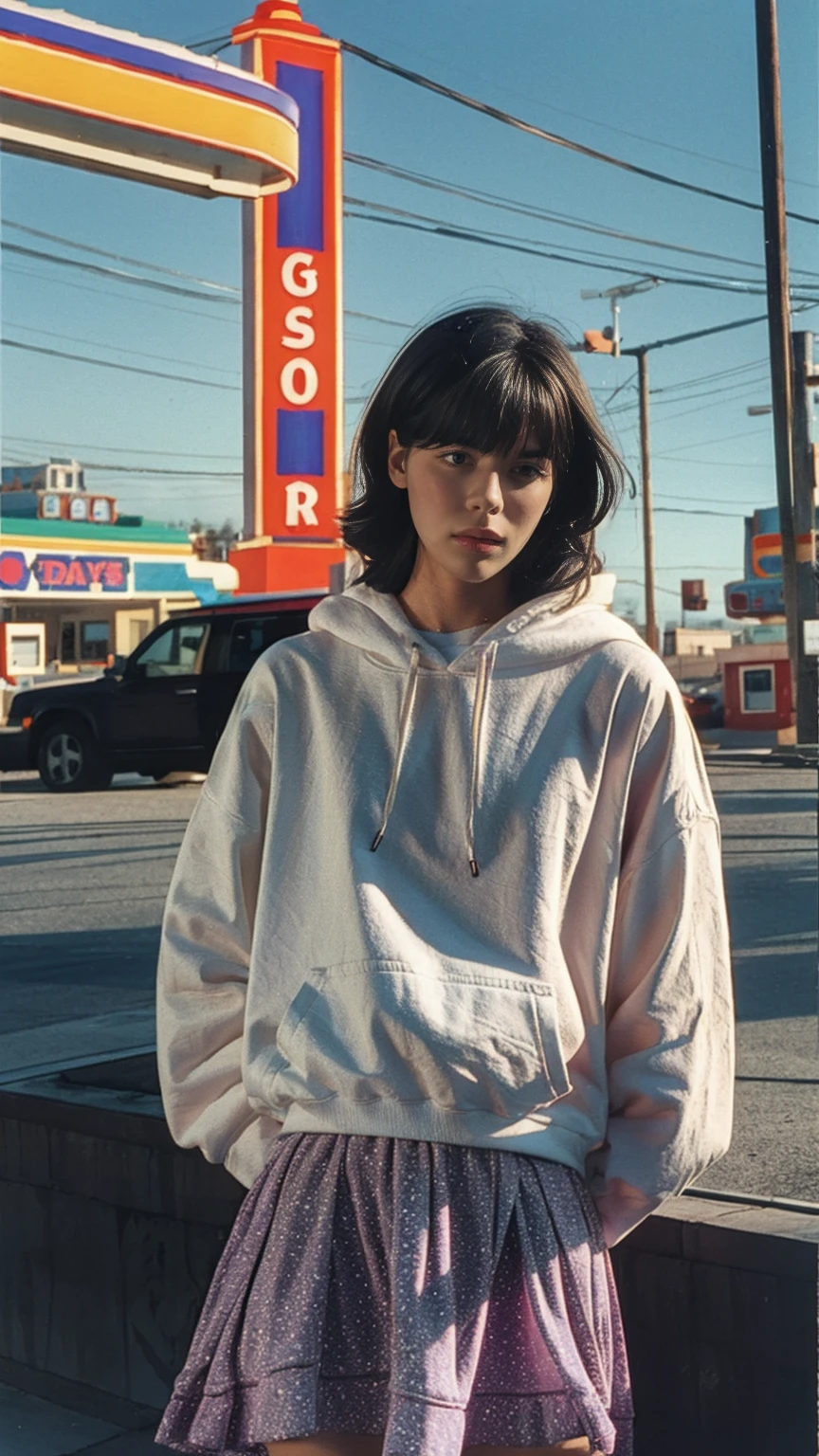  photo cinematic photograph long shot portraits by Wes Anderson, cute 23 yo girl ,fokus, bokeh ,wear ((orange oversized_hoodie)), wear ((purple tennis skirt)),looking front,Best Quality,Masterpiece,Ultra High Resolution,(Realisticity:1.4),Original Photo, 1Girl, light leak,ultra high resolution,UHD,beautiful, (black bob hair), almond eye, no makeup, in front of ((80's colorful los angles gas station)), (realistic:1.2), (surreal:1.3), (very detailed:1.1), ((masterpiece)),summer, blue sky, palm trees,sunny, los angles vibes,film camera, 800mm lens,style of Philip Lorca diCorcia