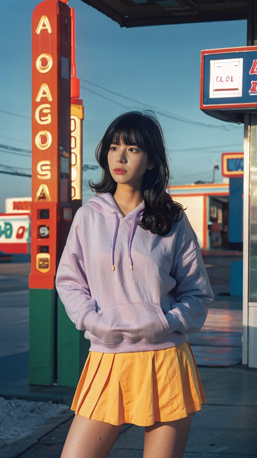 photo cinematic photograph long shot portraits by Wes Anderson, cute 23 yo girl ,fokus, bokeh ,wear ((orange oversized_hoodie)), wear ((purple tennis skirt)),looking front,Best Quality,Masterpiece,Ultra High Resolution,(Realisticity:1.4),Original Photo, 1Girl, light leak,ultra high resolution,UHD,beautiful, (black bob hair), almond eye, no makeup, in front of ((80's colorful los angles gas station)), (realistic:1.2), (surreal:1.3), (very detailed:1.1), ((masterpiece)),summer, blue sky, palm trees,sunny, los angles vibes,film camera, 800mm lens,style of Philip Lorca diCorcia