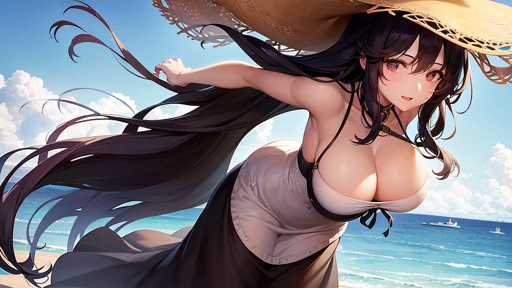 A young woman in her 20s stands on the deck of a luxurious cruise ship, feeling the wind and spreading her arms wide like in Titanic. She has long black hair, is wearing a straw hat and a dress, with a D-cup bust. In the background, there is a vast blue sea and a clear sky, with details of the ship visible.