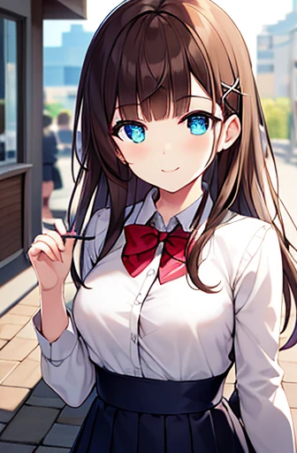 detectiveLunch break, smile, Long Hair, bangs, blue eyes, shirt, hair accessory, Long sleeve, skirt, bow, Brown Hair, hairpin, blunt bangs, bowtie, red bow, x hair accessory, red bowtie, Lunch break, (Medium Chest:1.2), rest looking at viewer, rest outside, rest (masterpiece:1.2), Highest quality, High resolution, Unified 8k wallpaper, (figure:0.8), (Beautiful and delicate eyes:1.6), Highly detailed face, Perfect lighting, Highly detailed CG, (Perfect hands, Perfect Anatomy),Large Breasts