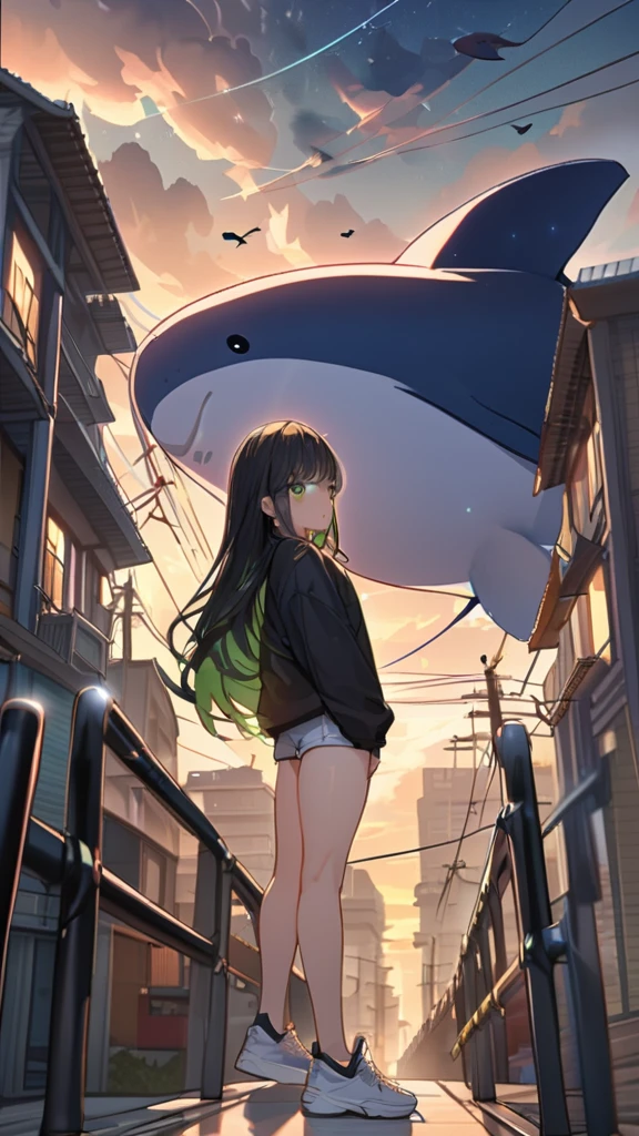masterpiece, Exquisite detail,Highest quality, One girl, alone, handrail, cloud, Looking up at the buildings,Long Hair, zero, Long sleeve, sneakers, Power lines, White footwear, Black Hair, View your viewers, Electric pole, bangs, cloudy zero, fish, bird, Green Eyes, Shorts, Day, Black Shirt, barefoot,Whale flying in the sky,Giant whale,night,star,milkyway,天の川