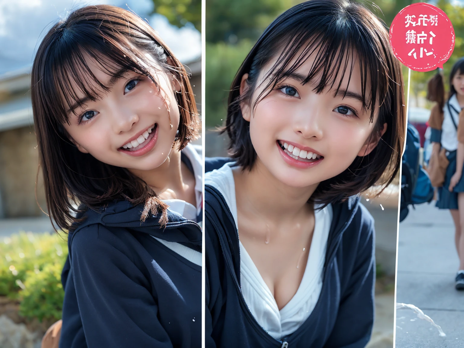 (２Split Photo:1.3)、Magazine Cover:1.3、Japanese,,Innocent face,Teenage Girlrimary school stud school,uniform,Carryingmer clothes,Sitting、front、Cute smile、Laugh with your mouth wide open、((Semen dripping from the mouth:1.2))、Mouth full of semen:1.5、A lot of semen on the tongue、((Cloudy, thick semen))、whole body、Full Body、Semen dripping from the genitals、You can see the nipples、Not wearing a bra