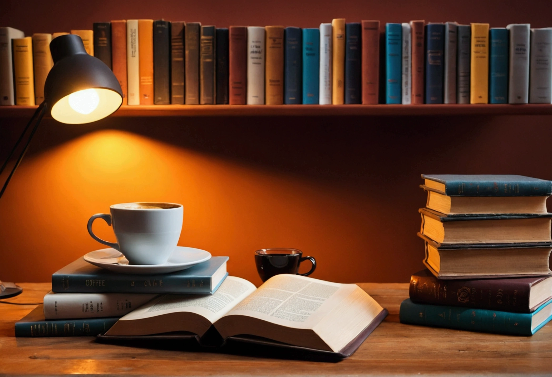 create an image of a table full of books and just a cup of coffee