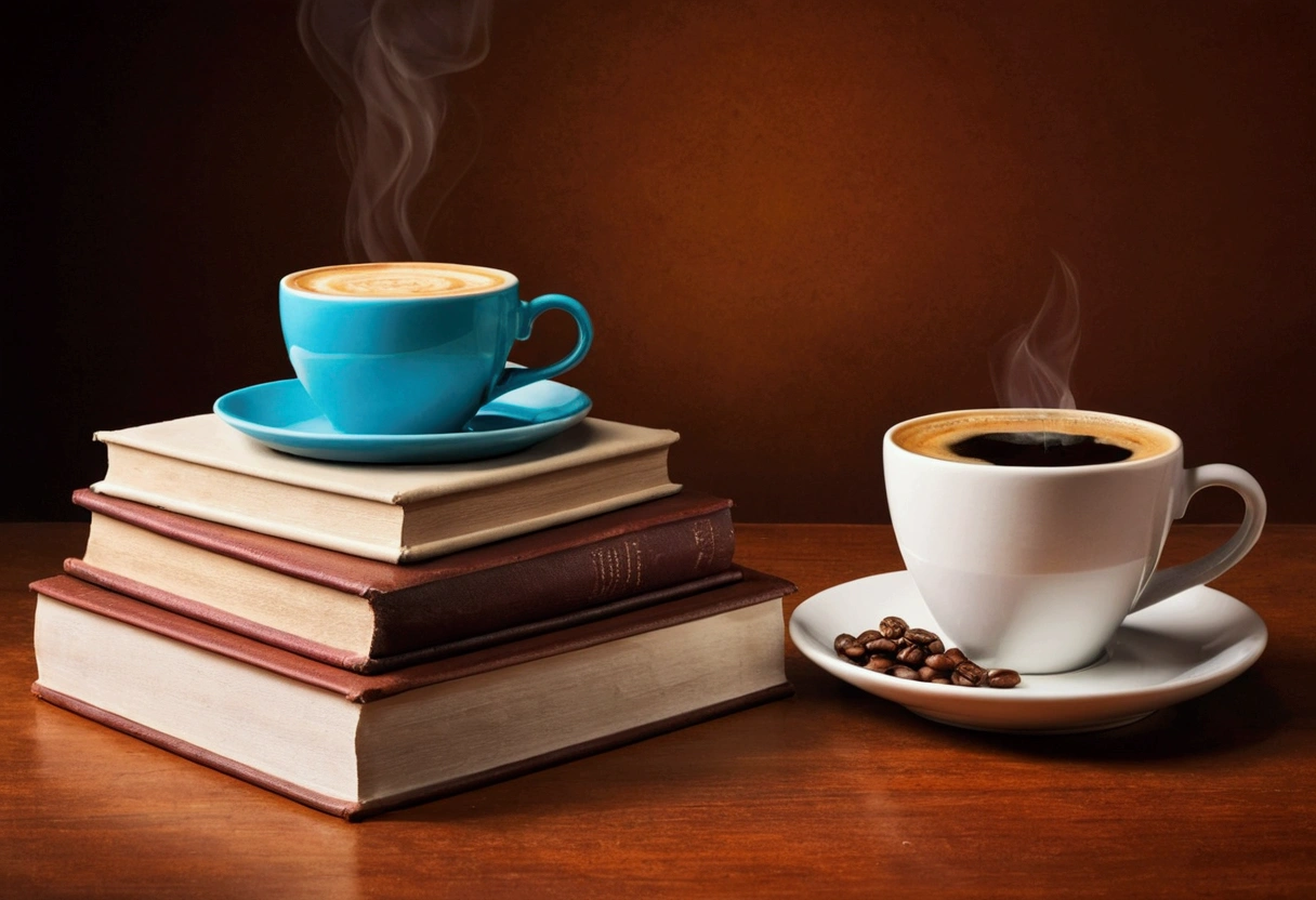 create an image of a table full of books and just a cup of coffee
