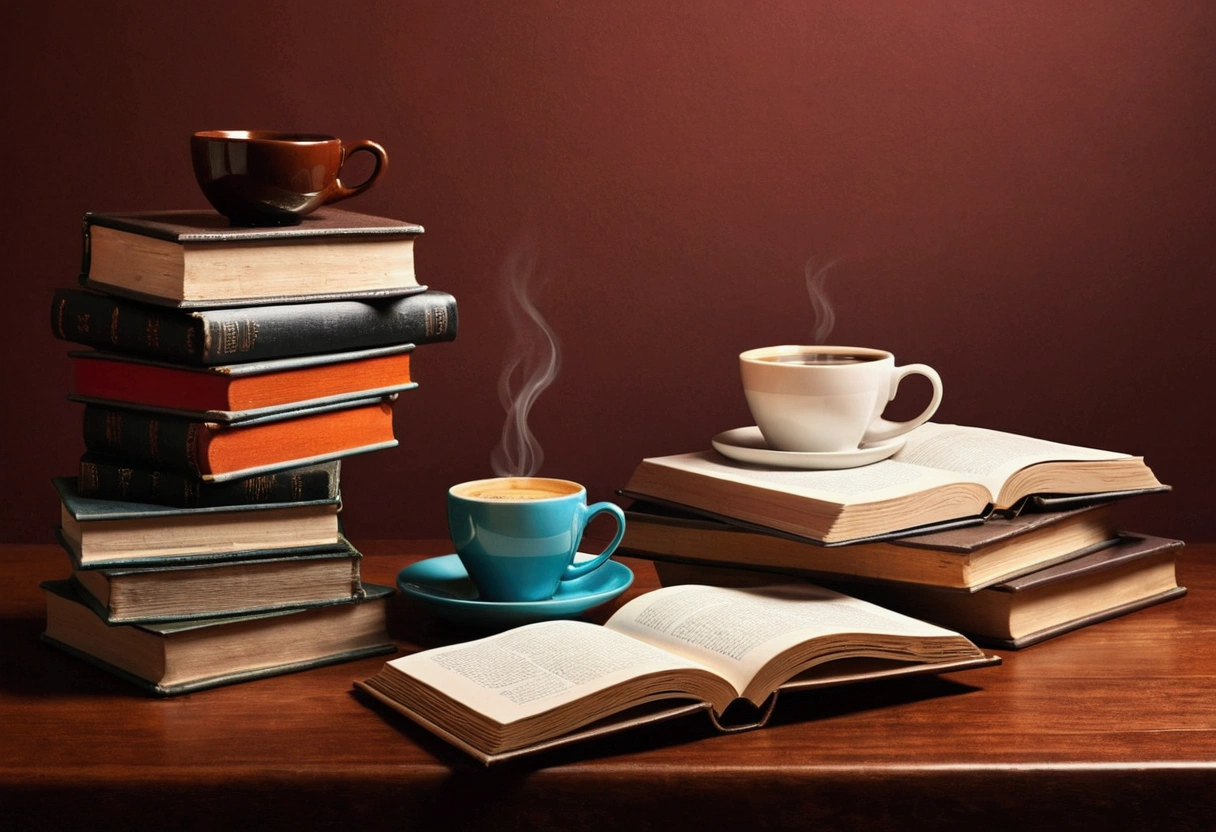 create an image of a table full of books and just a cup of coffee