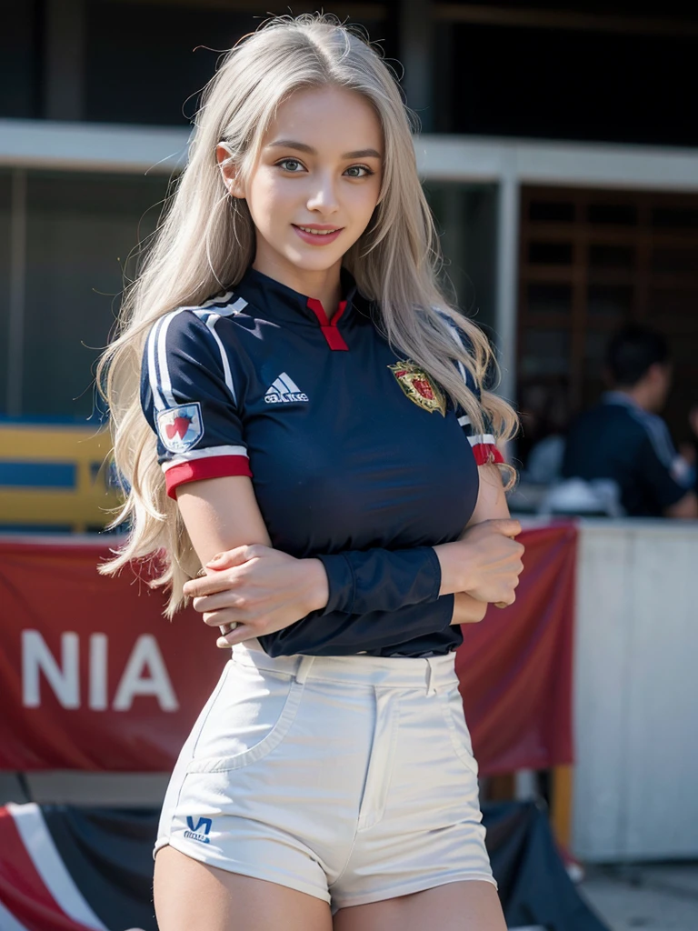 (Photos of the super beautiful white-haired Russian female soccer players:1.2)(Sexiest Women in Eastern Europe)(Grinning,A big smile:1.2)(16K, RAW Photos, Highest quality, masterpiece: 1.2),(Shiny wavy long hair:1.1) Super detailed, Super Resolution, (Genuine, Genuine photos: 1.37), Portraiture, High-resolution RAW color photos, Professional photos, Very detailed, 8k wallpaper, Very detailed CG Unity 8k wallpaper, Very detailed beautiful girl, Very detailed faces,(British Football Grounds:1.2)(イタリア代表のSoccer uniforms:1.2)(whole body)(Skinny but big boobs:1.1)(タイトなSoccer uniforms:1.2)light gray eyes,Football matches,Soccer uniforms