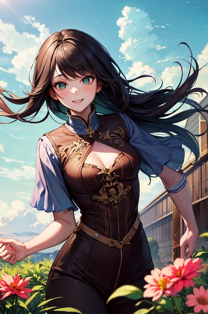 Muksuskus, masterpiece, Highest quality, figure, close, Frank, Face focus, smile, colorful, Flowers, green sky, Cloud sky, Girl with beautiful eyes,Cowboy Shot、