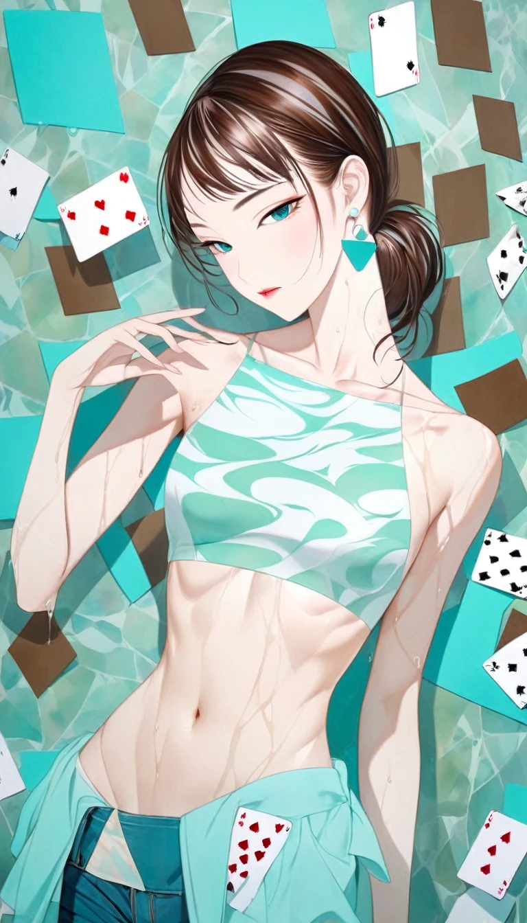 Tiffany blue and white and Tiffany green and brown marbled pattern, beautiful woman, abs, slim and muscular beauty, picture frames like card games, conceptual installation pop art, 2.5D, delicate and dynamic, fusion of watercolors and oil paintings, fusion of paper cutting and shadow puppetry, magic of vivid color shades and contrasts, gradation, wet in wet, water splash, foggy filter effect, Ichiro Tsuruta, Cute Girl