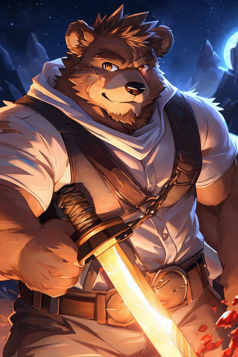 human nature, Wildlife, male,36 years old，Uncle， solitary, ((Round Face, The face is plump,Orange eyes,thick brown hair，Furry little ears with scars)), ((Endomorph, Handsome的，Hot Blood)), （construction worker，White architectural clothing，Holding a flaming military long sword), ((domestic brown bear, Bear Orc，) Fluffy fur, Fluffy), Bokeh, (high quality, high resolution, masterpiece), (Dynamic Lighting, Vibrant colors，Natural fill light), (Revitalize，Handsome，), Full body picture (close up), cartoon, author：Takemoto Arashi, From zixiong, By Chunni, author：Empty Ghost，moonlight，Draw the sword on the cliff，Lean on your teammates&#39; backs，Two-player combat，Night，Surrounded，Beautiful starry sky，（background：moonlight的悬崖边）