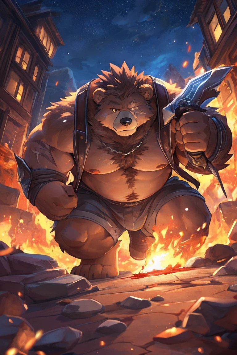 human nature, Wildlife, male,36 years old，Uncle， solitary, ((Round Face, The face is plump,Orange eyes,thick brown hair，Furry little ears with scars)), ((Endomorph, Handsome的，Hot Blood)), （construction worker，White architectural clothing，Holding a flaming military long sword), ((domestic brown bear, Bear Orc，) Fluffy fur, Fluffy), Bokeh, (high quality, high resolution, masterpiece), (Dynamic Lighting, Vibrant colors，Natural fill light), (Revitalize，Handsome，), Full body picture (close up), cartoon, author：Takemoto Arashi, From zixiong, By Chunni, author：Empty Ghost，moonlight，Draw the sword on the cliff，Lean on your teammates&#39; backs，Two-player combat，Night，Surrounded，Beautiful starry sky，（background：moonlight的悬崖边）