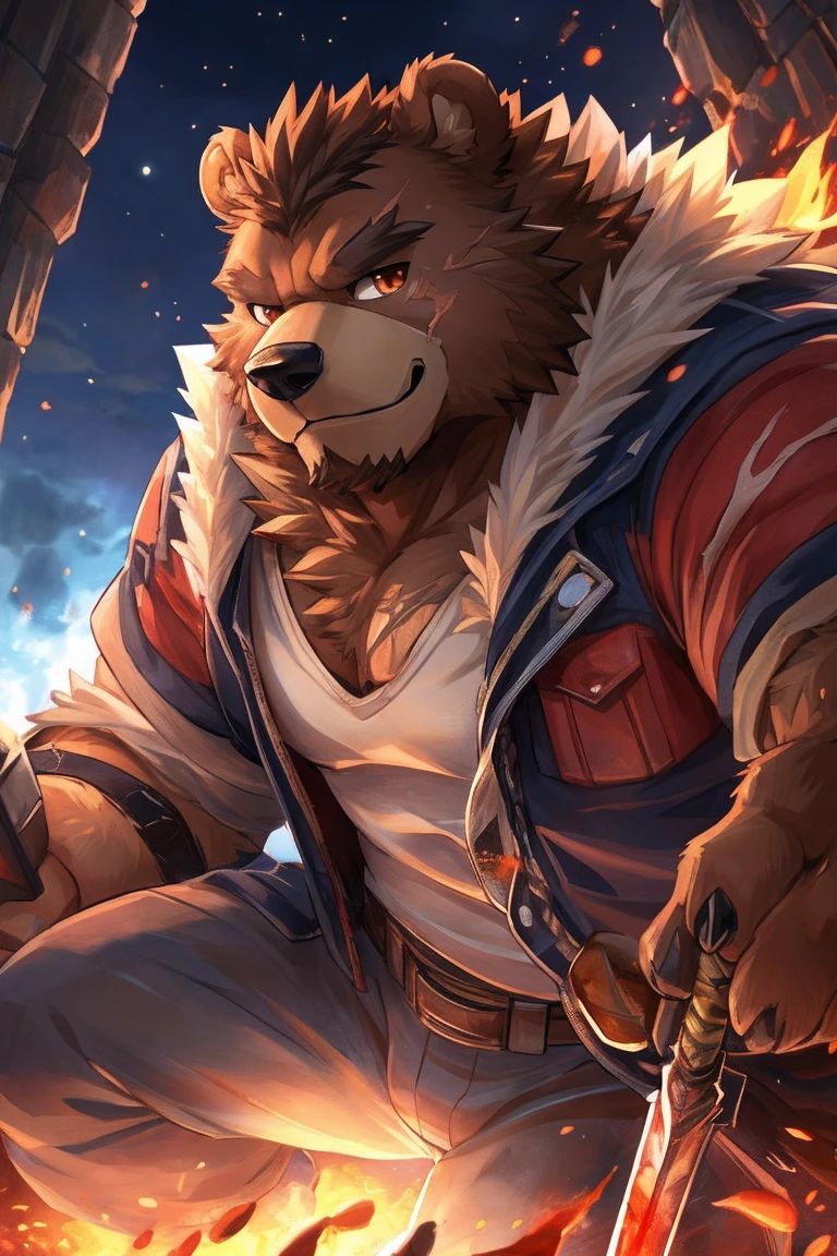 human nature, Wildlife, male,36 years old,Uncle, solitary, ((Round Face, The face is plump,Orange eyes,thick brown hair,Furry little ears with scars)), ((Endomorph, Handsome的,Hot Blood)), (construction worker,White architectural clothing,Holding a flaming military long sword), ((domestic brown bear, Bear Orc,) Fluffy fur, Fluffy), Bokeh, (high quality, high resolution, masterpiece), (Dynamic Lighting, Vibrant colors,Natural fill light), (Revitalize,Handsome,), Full body picture (close up), cartoon, author:Takemoto Arashi, From zixiong, By Chunni, author:Empty Ghost,moonlight,Draw the sword on the cliff,Lean on your teammates' backs,Two-player combat,Night,Surrounded,Beautiful starry sky,(background:moonlight的悬崖边)
