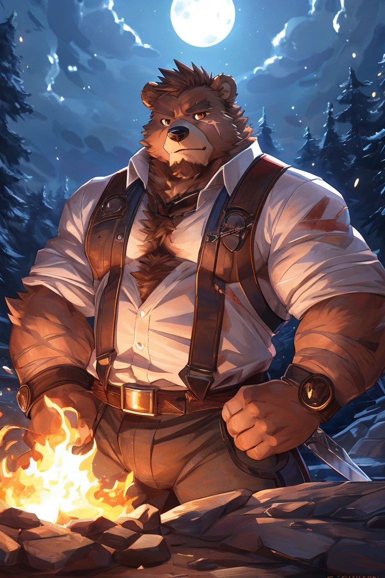 human nature, Wildlife, male,36 years old，Uncle， solitary, ((Round Face, The face is plump,Orange eyes,thick brown hair，Furry little ears with scars)), ((Endomorph, Handsome的，Hot Blood)), （construction worker，White architectural clothing，Holding a flaming military long sword), ((domestic brown bear, Bear Orc，) Fluffy fur, Fluffy), Bokeh, (high quality, high resolution, masterpiece), (Dynamic Lighting, Vibrant colors，Natural fill light), (Revitalize，Handsome，), Full body picture (close up), cartoon, author：Takemoto Arashi, From zixiong, By Chunni, author：Empty Ghost，moonlight，Draw the sword on the cliff，Lean on your teammates&#39; backs，Two-player combat，Night，Surrounded，Beautiful starry sky，（background：moonlight的悬崖边）