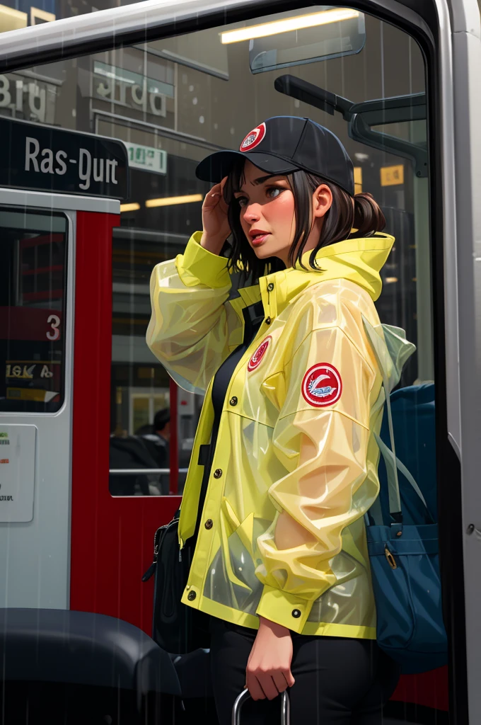 Woman talks to bus drivers in the rain 