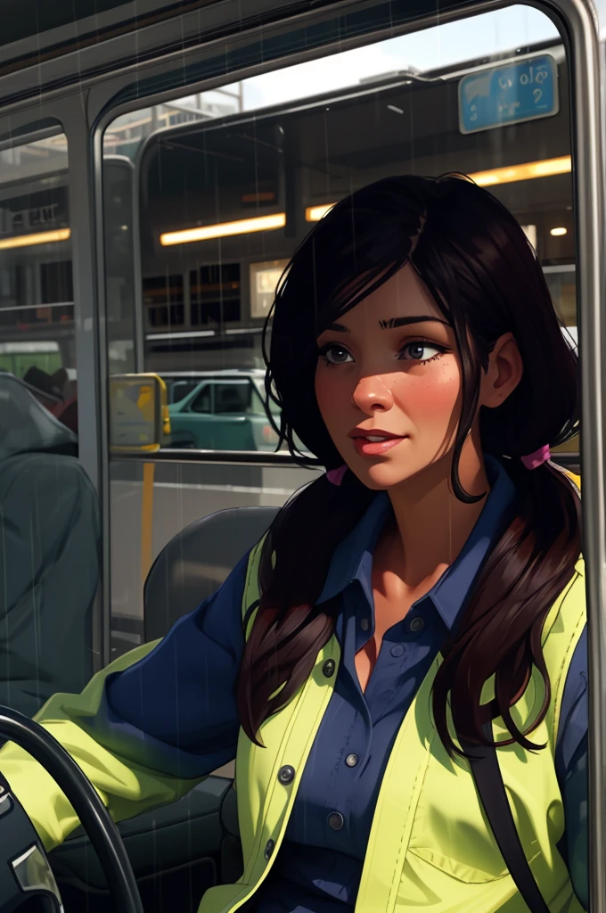 Woman talks to bus drivers in the rain 