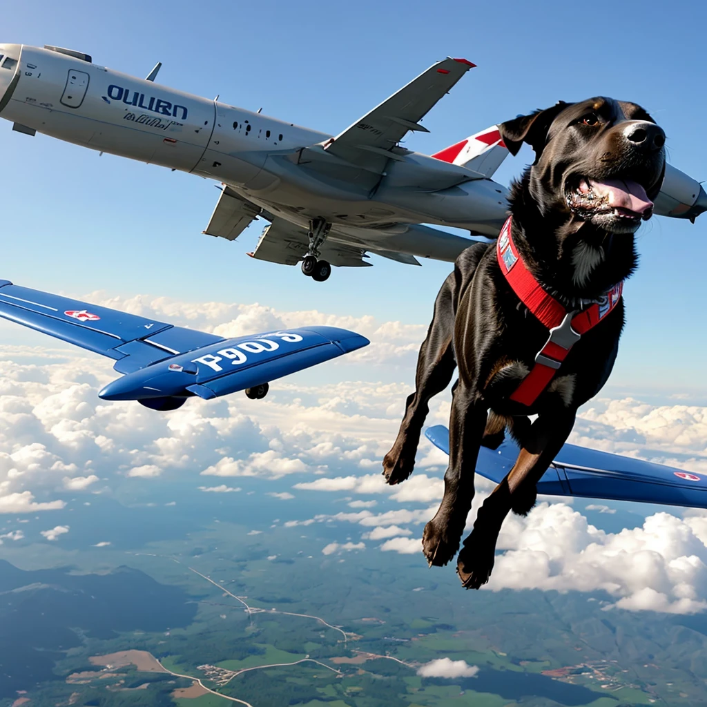 Realistic anthropomorphic dog flying jet