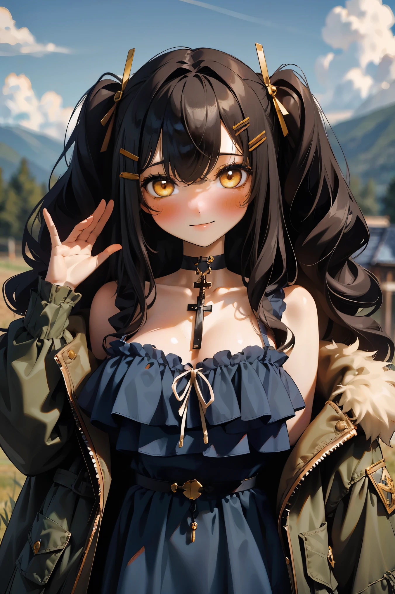 (masterpiece:1.2), (high quality:1.2), girls with((1girl, solo, black hair, yellow eyes, (wavy long hair, one side up, hairclips:1.3), blush, breasts, choker, cleavage, coat, cowboy shot, blue lace dress, camisole, ribbon waist belt, black ribbon belt, red bow, red ribbon, neck ribbon, collar, collarbone, rosary, rosary choker, cross, fur, fur trim, parka, khaki hoodie, green hoodie, khaki jacket, hood down, hooded coat, hooded jacket, hoodie, jacket, large breasts, long sleeves, medium breasts, open clothes, open coat,open hoodie, sleeveless, winter clothes, zipper, cleavage, upper body, hand up, waving, palm)), background with((architecture, blue sky, bush, castle, village, no humans, cloud, cloudy sky, day, field, garden, grass, hill, house, lamppost, landscape, mountain, mountainous horizon, nature, no humans, outdoors, scenery, shrine, sky))