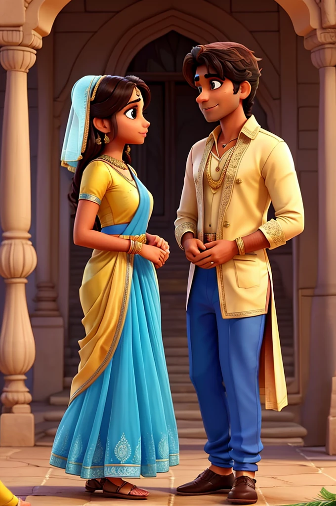 An indian man and woman romantically look at each other during thier wedding in the style of beauty and the beast. The man wears blue traditional indian clothes. The woman wears a yellow saree. the man is on the left and woman is on the right.