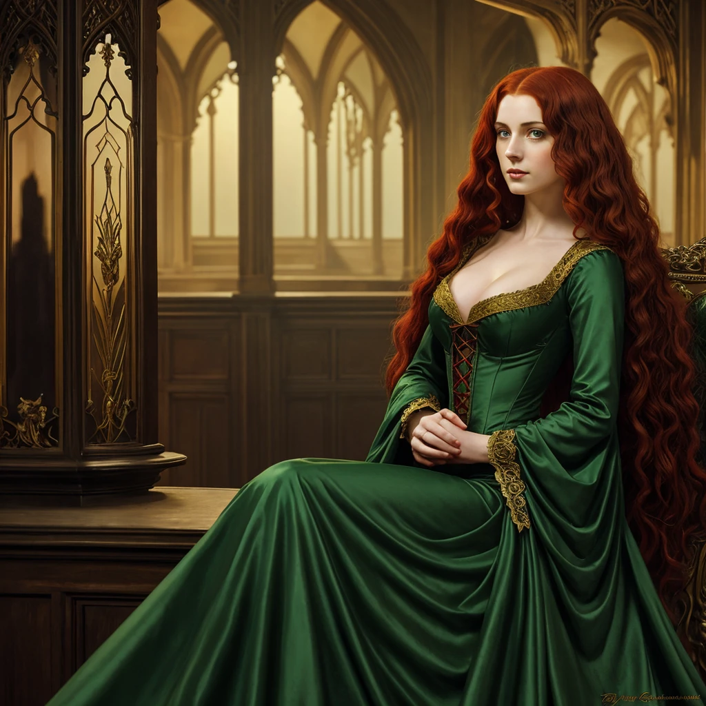 Vampiress, Queen of Dracula, Bridgerton style, Regency era in England translucent and iridescent green gown, Elena, long curly red hair, pale skin, curvey build and golden brown eyes, insanely detailed matte painting with rough paint strokes and textures, a painting of an red haired woman, by John Howe, Alan Lee, Boris Vallejo, Julie Bell, Todd Lockwood