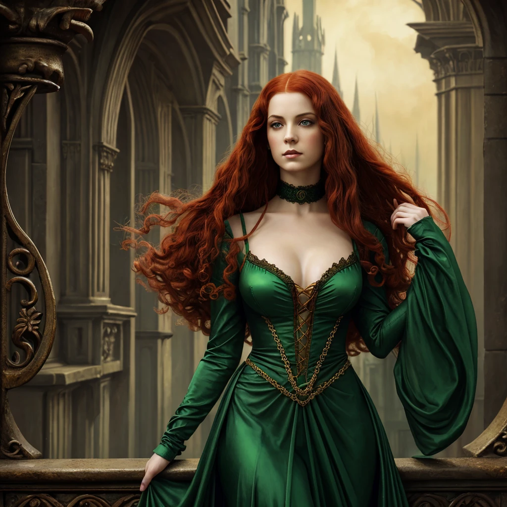 Vampiress, Queen of Dracula, Bridgerton style, Regency era in England translucent and iridescent green gown, Elena, long curly red hair, pale skin, curvey build and golden brown eyes, insanely detailed matte painting with rough paint strokes and textures, a painting of an red haired woman, by John Howe, Alan Lee, Boris Vallejo, Julie Bell, Todd Lockwood