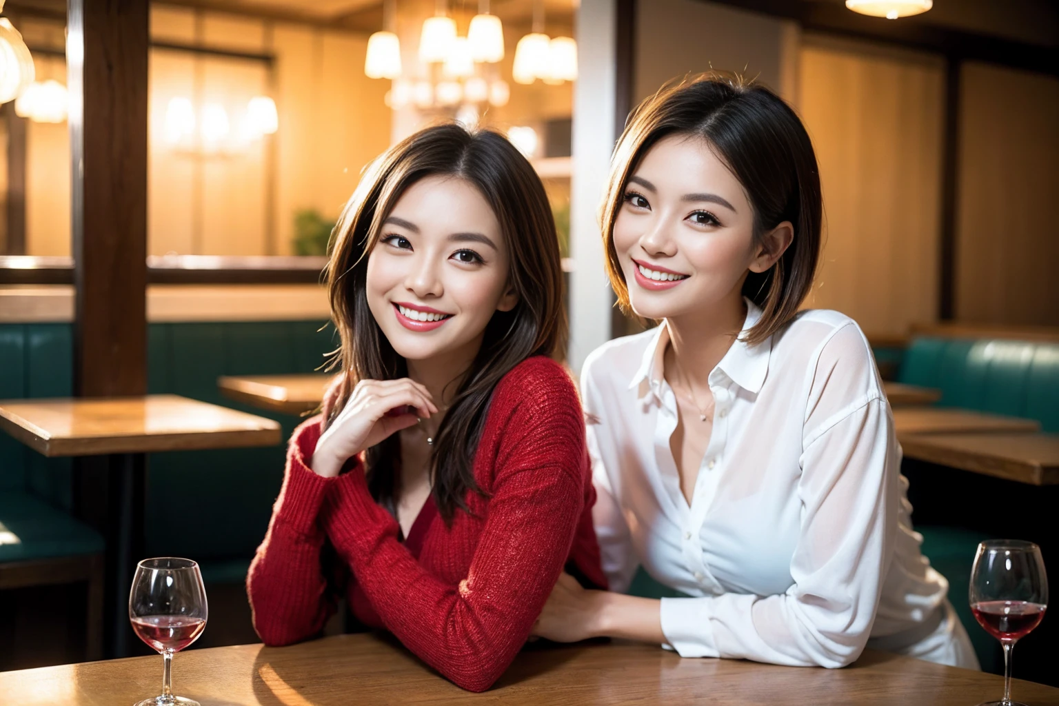 ((Highest quality、8K、masterpiece:1.3))、Shortcuts、cute、slimカップル、modelカップル、actress男優、(Realistic, Intricate details:1.2), full-course dinner、Wine Party、Amazing view of the sunset sky and clouds、A bright smile、short hair,Bright Face、 (Age 45), 42 years old, red wine 、Appetizers、Italian food、Wine bottle、Champagne、sparkling wine、Two beauties、Brown Hair、Shortcuts、Long sleeve shirt、dress、Beautiful woman 1, (slimな顔), (The body is slim), (Brown Hair), (Shortcuts), cheeks turn a little red,Attractive beauty、restaurant, In a prominent place (From the waist up) Nova Frog Style, actress, model, Upper Body, White wine, slim, wine glass, 中央に置かれたwine glass, smile, (smile: 1.15), Beautiful fine grain, Depth f/2,saturation, High Contrast, Strong light and shadow,Moist Body:1.5、3D texture、Delicate eyes、Brown Hair、The hair is very shiny、