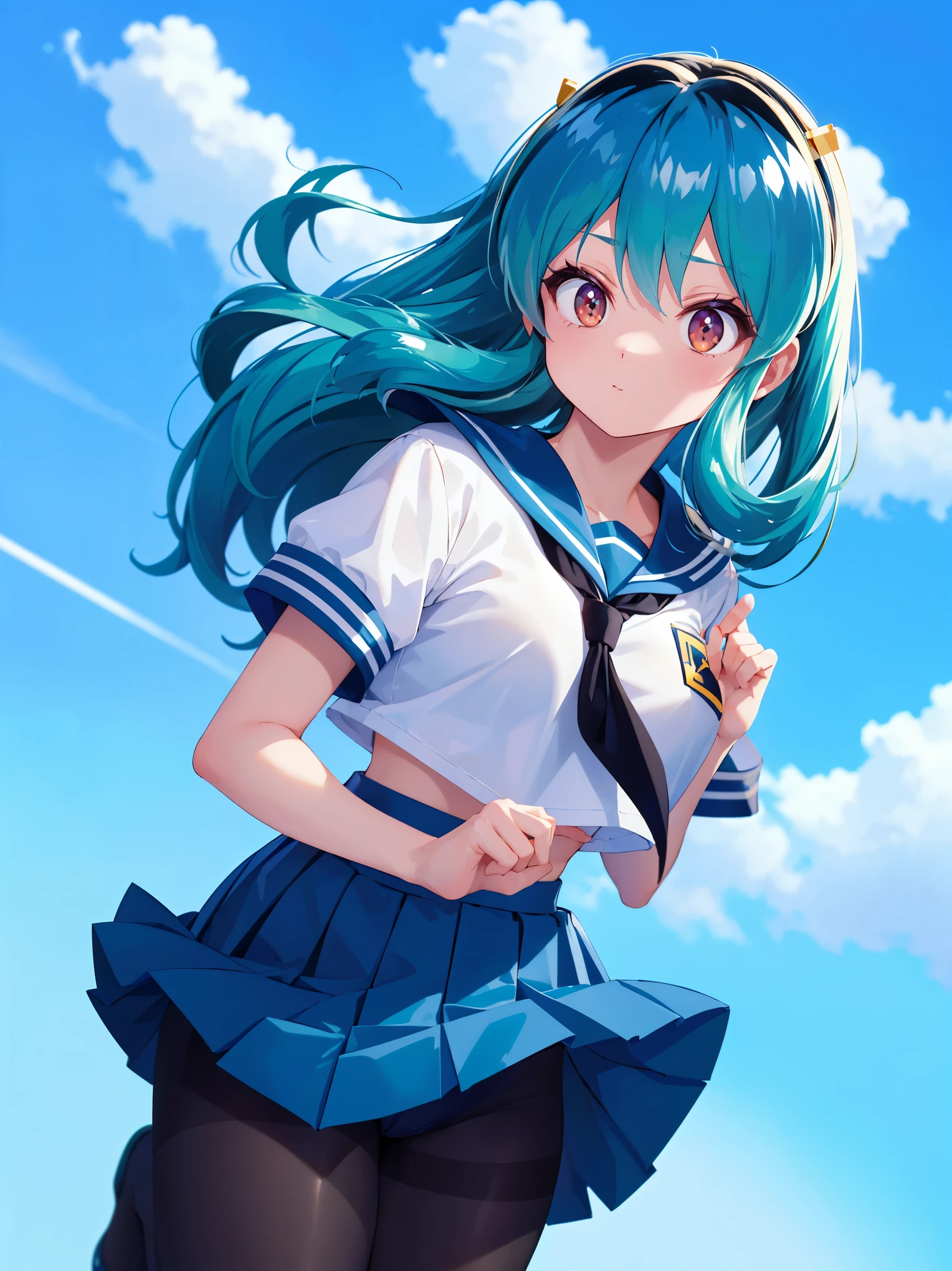 (1 Girl),(high quality), (High resolution), (Very detailed), (8K),(Demolition paperback correct)、Urusei Yatsura、Ram-chan、((White and navy blue sailor suit))、Navy blue pleated skirt、Cute Underwear、((Focus on the whole body))、Nipple Shape、(Black pantyhose)、Hair messed up by the strong wind、Neutral White Lighting,Sexy pose、