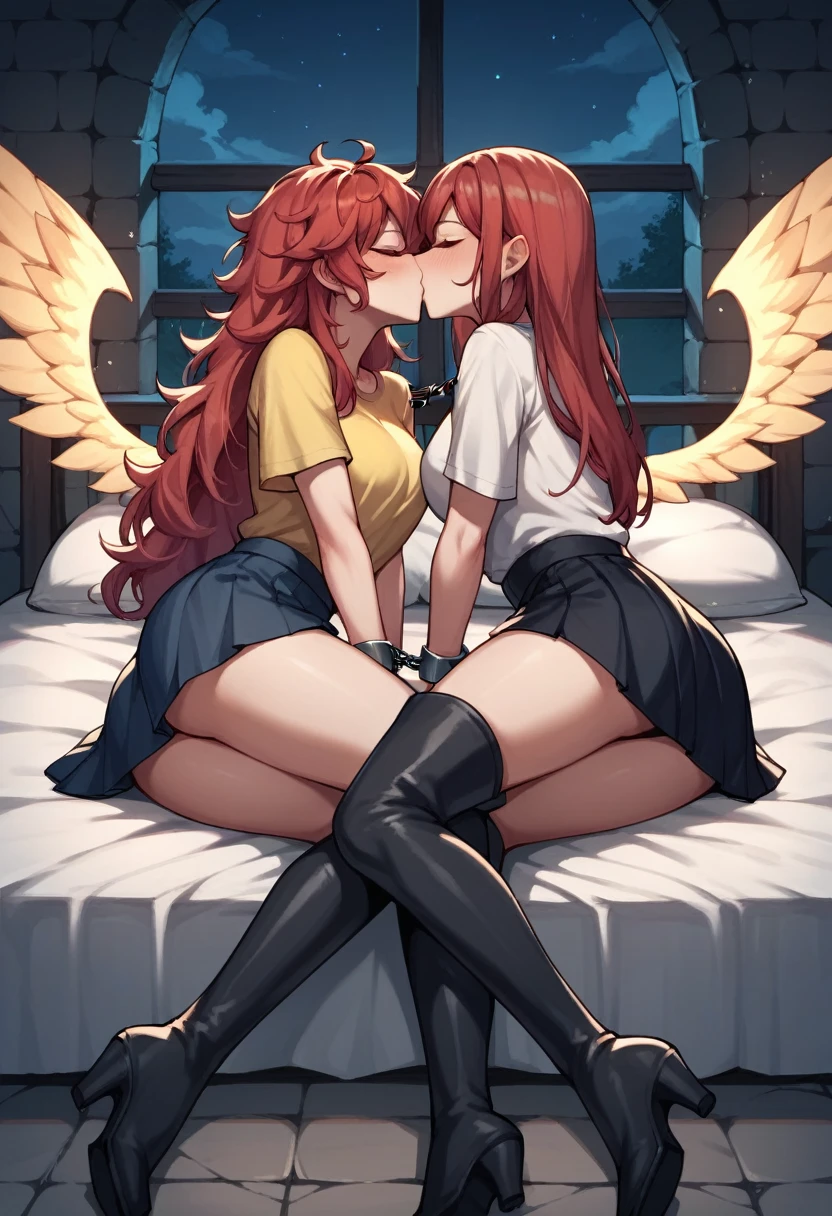 score_9, score_8_up, score_7_up, score_6_up, score_5_up, score_4_up, source_anime, 2girl, bed, red hair, long hair, close eyes, w-w-chains, cuffs, spread arms, kissing, messy hair, yellow shirt, skirt, black thigh high boots, night, dungeon, best quality, best res, 4K UHD,