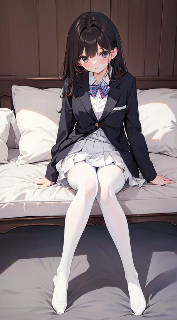 Top quality, masterpiece, High resolution, (Head to toe full body), front, frontやや下からの構図, Symmetric, Tall 18 year old girl, alone, (Head to toe), (Small breasts), bangs, (black tights), (Black Pantyhose), (Sit with your legs apart), (Crouching pose), (A composition showing white panties), (Her legs were spread、I see your white pants.), (I was made to sit on the floor with my legs spread..), (M-shaped legs), Thin legs, A very beautiful and tall 18 year old girl, (No shoes), blush, Shy big eyes, looking at the camera, Blazer Uniform, Checkered Pleated Skirt