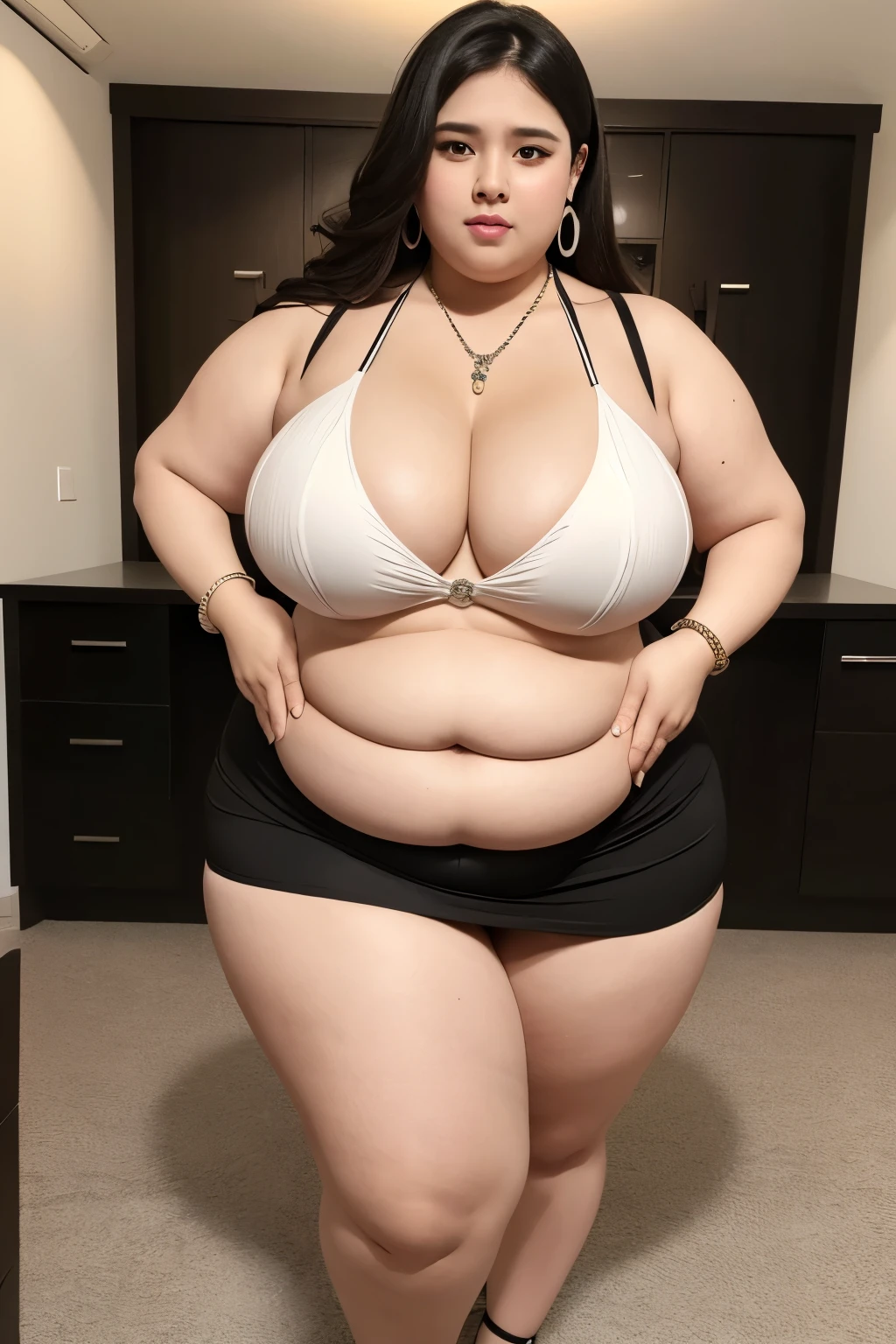 130kg, morbidly obese woman, abdominal obesity, fat belly, large belly, protruding belly, big belly, convex belly, abdominal exposure, exposed navel, mini skirt, high heel, earring, necklace, bracelet, Outer eyelid