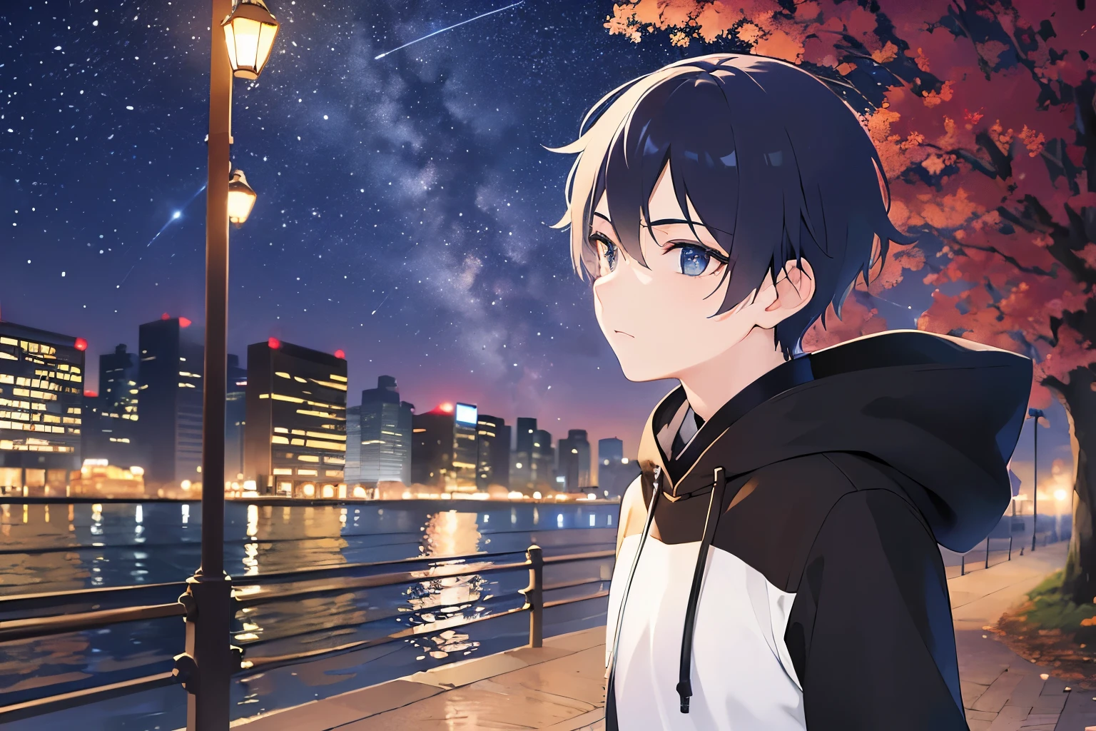 (running:1.5)(looking away:1.5)、upper body、Side shot shiny skin, masterpiece、Highest quality、(25-year-old male:1.5) and (Black short hair) and (blue eyes) black hoodie,Running in the background of a night park、Sweat、(Night Sky:1.5),grass、wood、Street lamp