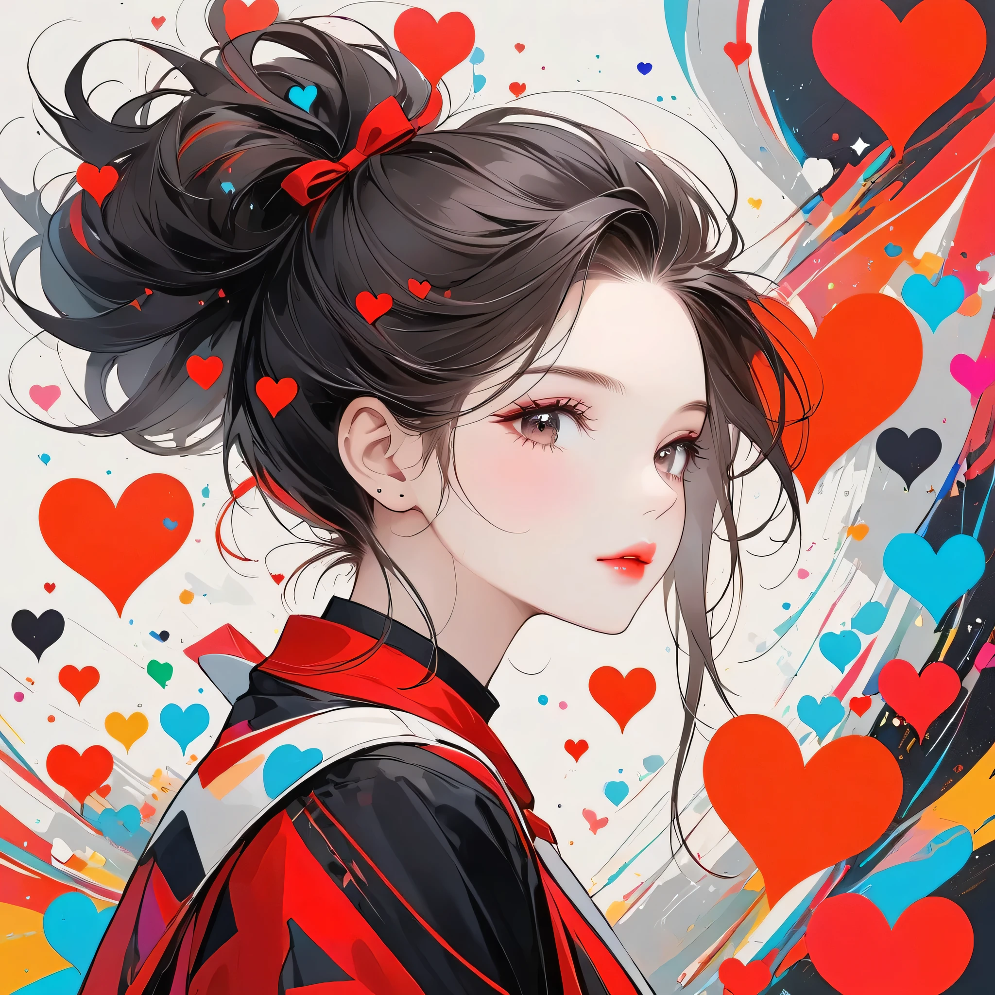 Black Star Red and White style, Simple Line Initialism，Abstract art，Urban Background, (((The most beautiful girl of all time))), Sweet face. Lips in love, colorful hearts, stylish design