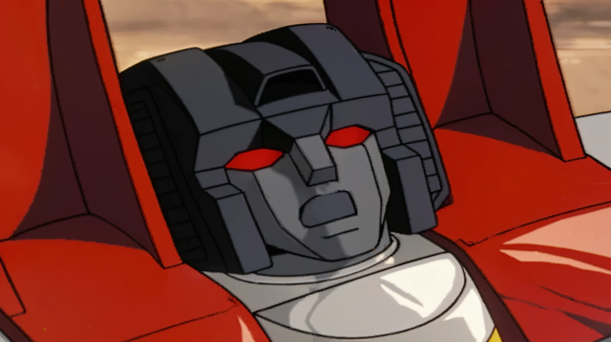 The background is blurred、8K、remaster、From G1 Transformers, Details of the masterpiece, RTX4090、starscream, Face close-up, Beautifully rendered、 Close-up view of the robot, 3d, CG, Surreal,
