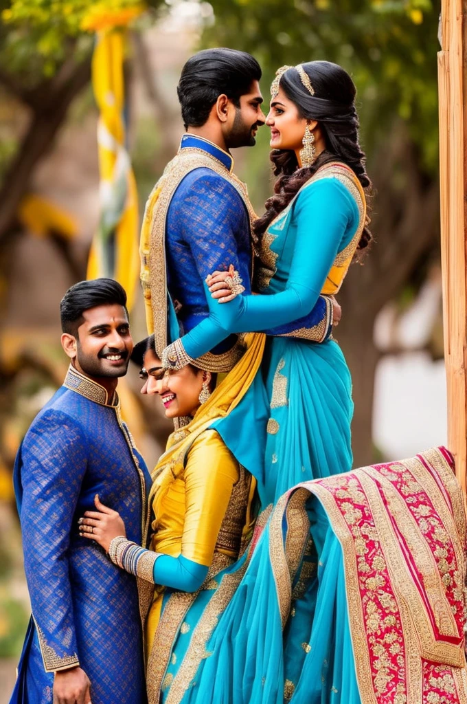 An indian man and woman romantically look at each other during thier wedding in the style of beauty and the beast. The man wears blue traditional indian clothes. The woman wears a yellow saree. the man is on the left and woman is on the right.